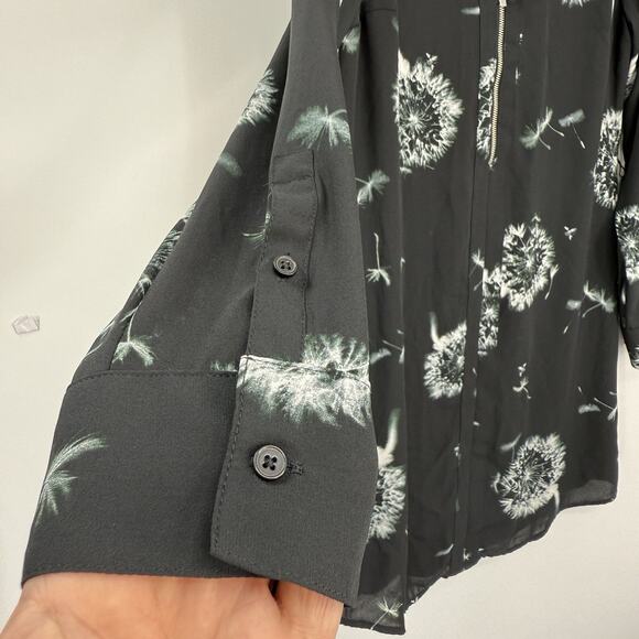 Express XS Shift Dress Dandelion Print Black Chiffon Zipper V Neck Long Sleeve - Picture 7 of 11